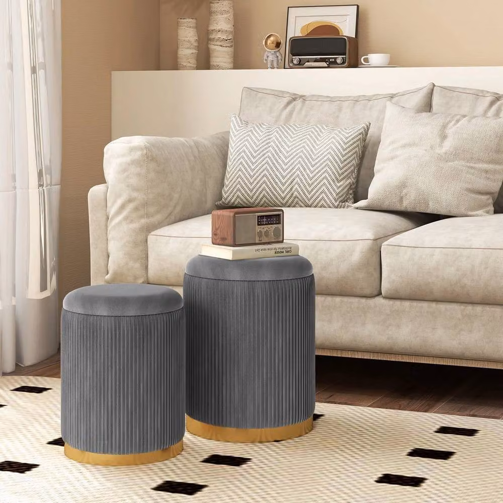 Kelvenix Set of 2 Grey Velvet Round Nesting Storage Ottomans – 3