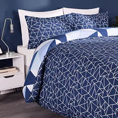 OHS Geometric Shapes Single Duvet Cover and Pillowcase Set in Blue and White, Polycotton Bedding W/D/H: 135 x 200 cm – 6