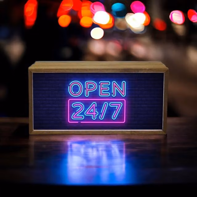 Echo Three Retro LED Open 247 Neon Sign, Brown Wood Tabletop Light Box