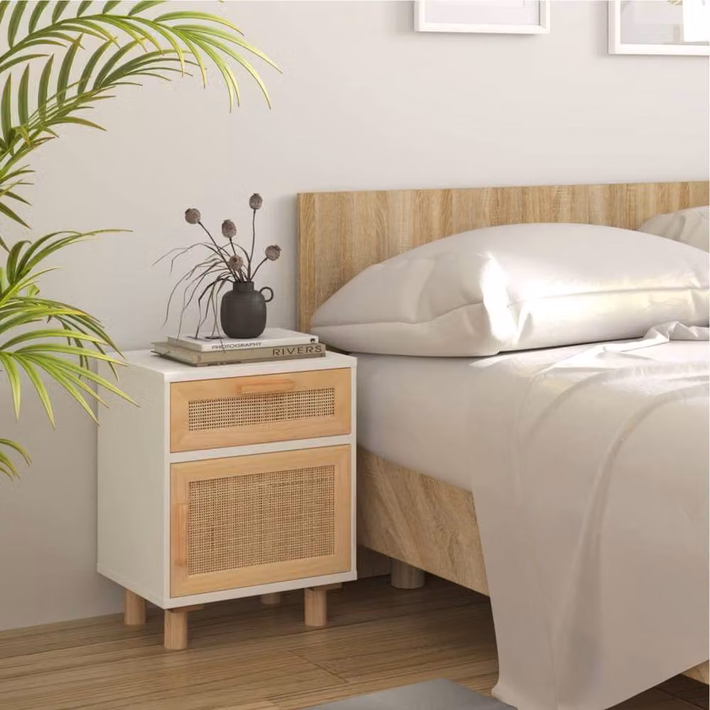 Berkfield Home Set of 2 White Solid Pine Bedside Cabinets with Natural Rattan – 2