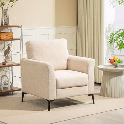 HOMCOM Modern Upholstered Linen Accent Armchair with Metal Legs in Beige