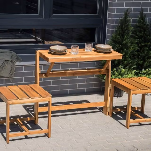 Wyld and Coco Convertible Garden Bistro Set in Rustic Brown Acacia Wood and Steel