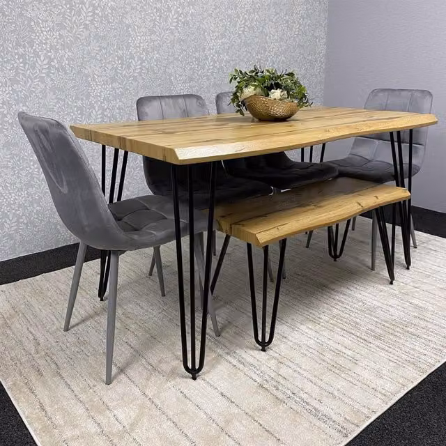 Kosy Koala Grey Dining Table Set with Bench and Velvet Chairs, Width: 140 cm
