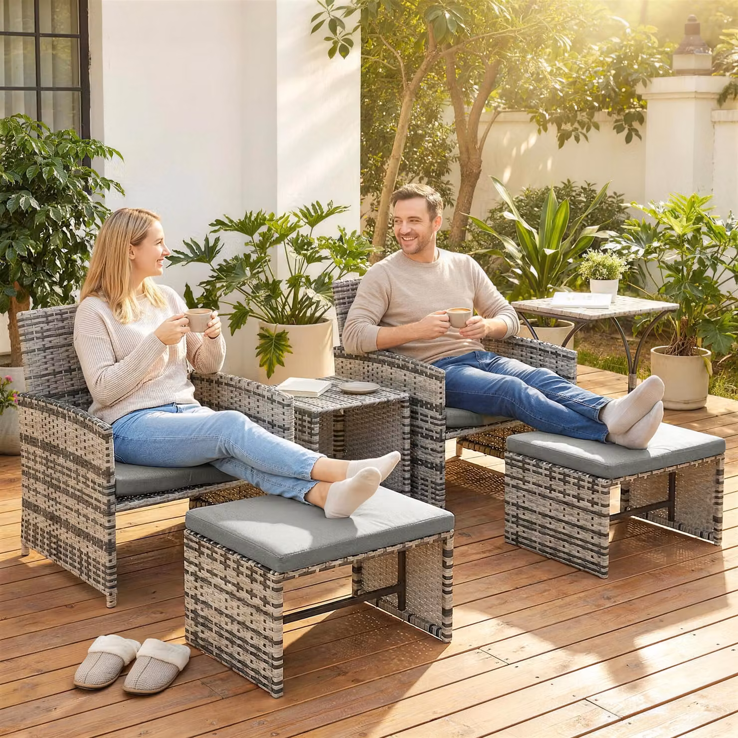 Outsunny 6 Piece Grey Rattan Garden Furniture Set with Nesting Tables, Chairs, Stools and Cushions – 8