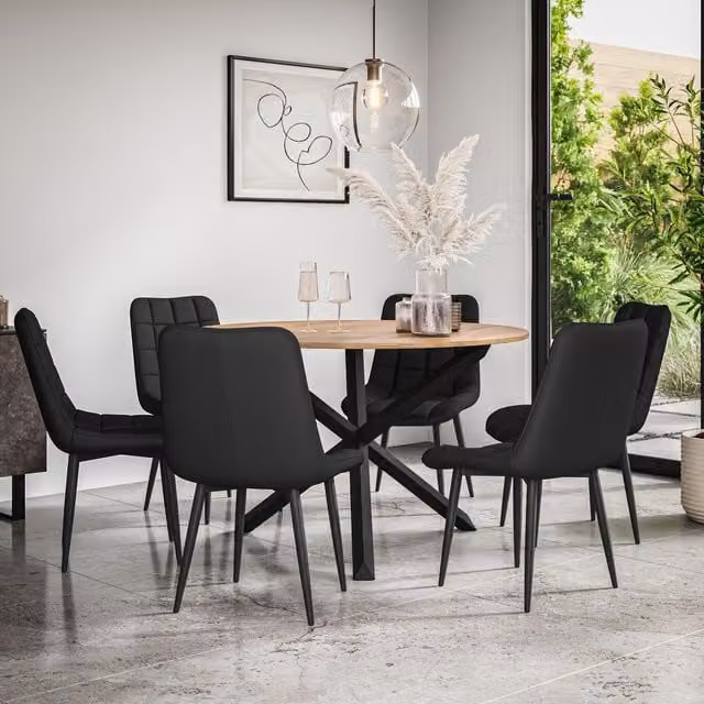 More4Homes Malvern Round Dining Table and 6 Nova Faux Leather Chairs Set, Oak Top with Black Legs