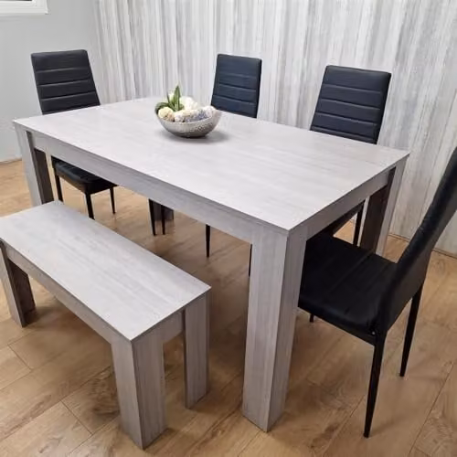 KOSY KOALA Modern Grey Dining Set with Rectangular Table, 4 Black Leather Chairs and Bench – 1