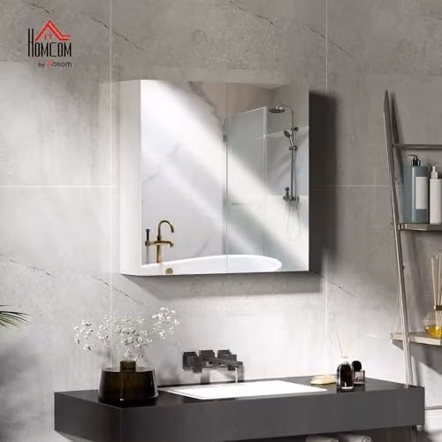 HOMCOM White Wall Mounted Bathroom Mirror Cabinet with Hinged Doors and Internal Shelves, W: 60 cm, H: 60 cm, D: 15 cm – 2
