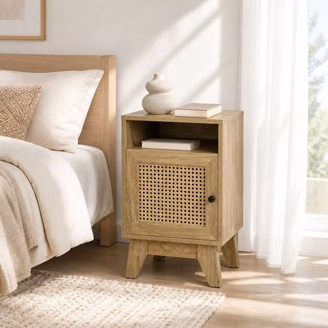 STILVORA Bedside Table with Cupboard and Shelf in Natural Wood and Rattan – 1