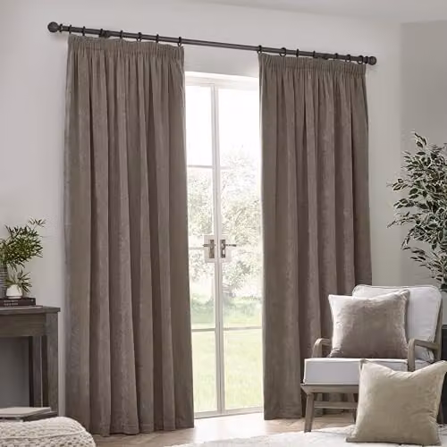 Yard Heavy Chenille Velvet Pencil Pleat Curtain Pair in Grey Beige, W: 168 cm, H: 229 cm – 2