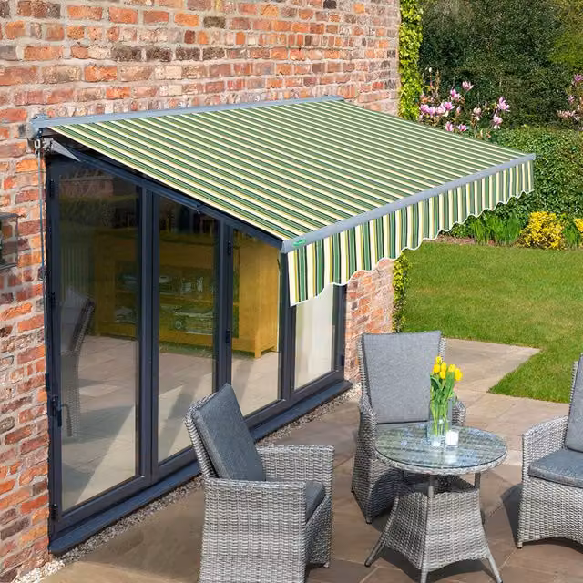 Primrose Semi-Cassette Manual Retractable Awning with Green Striped Fabric and Charcoal Aluminium Frame, Width: 400 cm