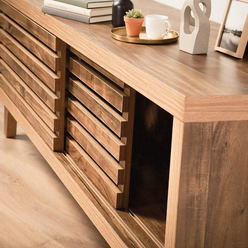 CALICOSY LIAM TV Stand with 2 Sliding Doors and Openwork Slats, Dark Brown, W: 140 cm, D: 35 cm, H: 45 cm – 7