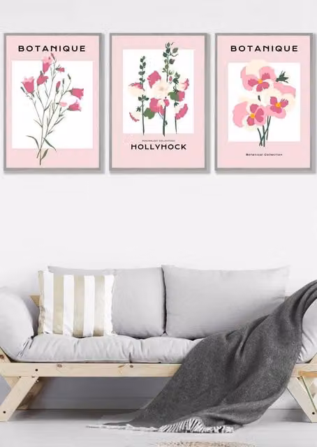 ARTZE Set of 3 Vintage Pink Hollyhock Flower Market Botanical Wall Art Illustrations in Light Grey Frames, W33 x H45 x D0.2 cm