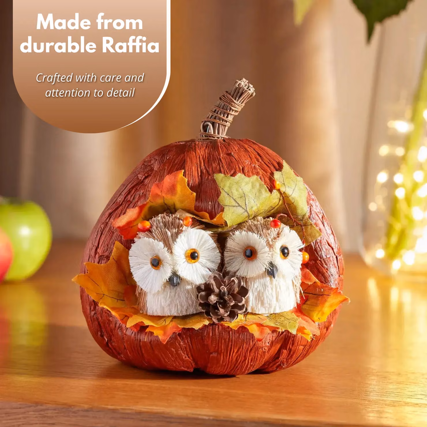 Marco Paul Orange Pumpkin and Owl Autumn Decoration with Rattan Details, Height: 17 cm – 2