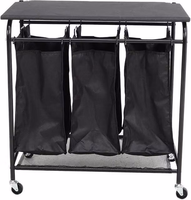 Garden Sanctuary Triple Bag Rolling Laundry Sorter with Lift-up Ironing Board in Black – 1
