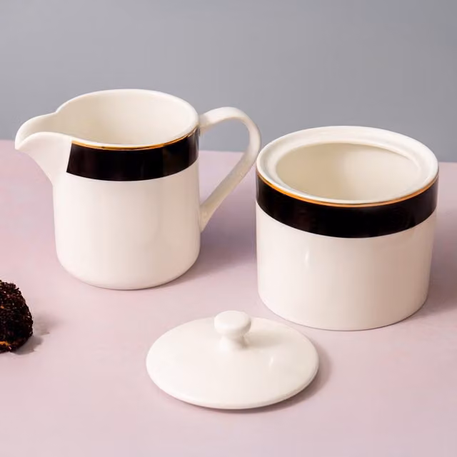 Mikasa Luxe Deco Bone China Sugar Pot and Creamer Set, 245ml, White, Black and Gold Geometric Design