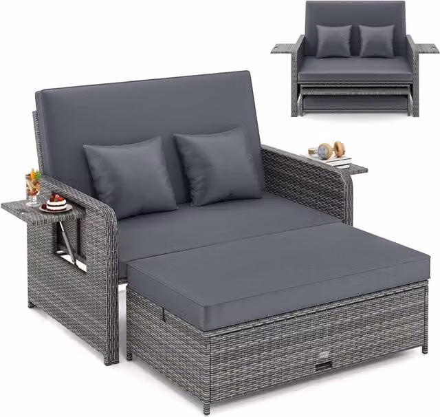 Costway 2-Piece Grey PE Wicker Daybed and Patio Rattan Furniture Set with Adjustable Backrest – 1