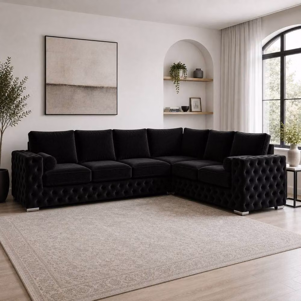Stratus Interiors Ashley Black Velvet Chesterfield L-Shape Sofa with Scatter Cushions W/D/H: 235 x 76 x 67 cm – 2