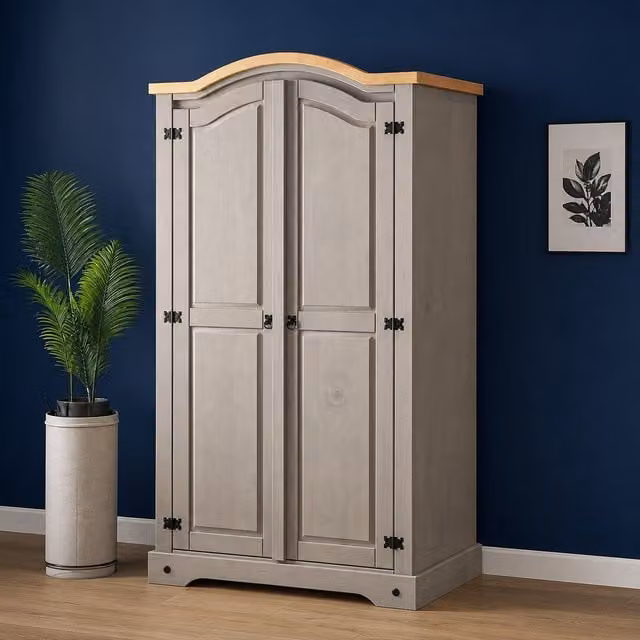 Mews Grey 2 Door Wardrobe in Rustic Waxed Pine