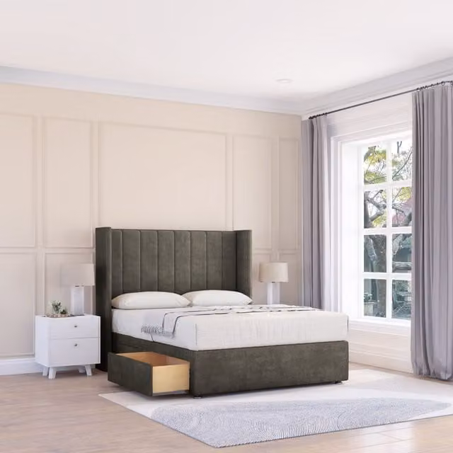 Sloomy Falcon Dumfries Wingback Bed Set with 2 Drawers and 54 inch Floor Standing Headboard in Dark Grey, Size: Double (W/D/H: 140 x 200 cm)