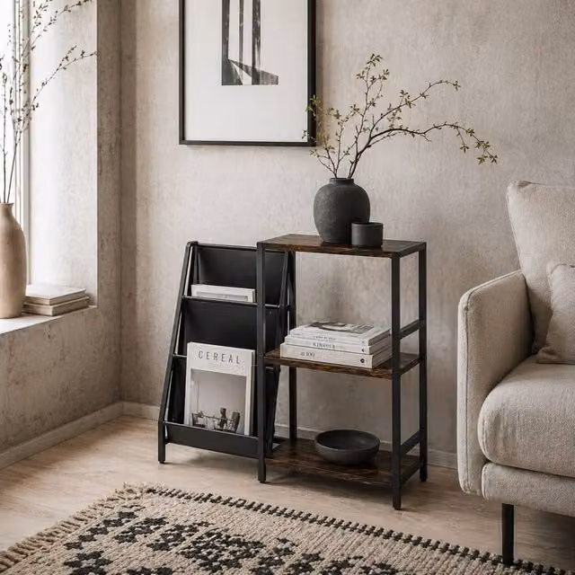 Wyld Haus Nobalo Industrial 3 Tier Side Table in Brown with Wood and Metal Construction, H: 74 cm, W: 30 cm, D: 84 cm