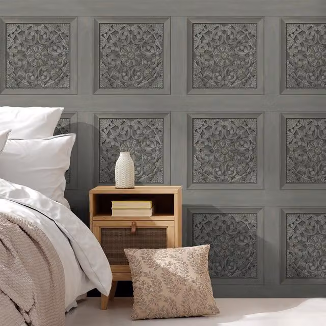Fine Decor Abstract Floral Carved Panel Wallpaper in Grey, Green and White