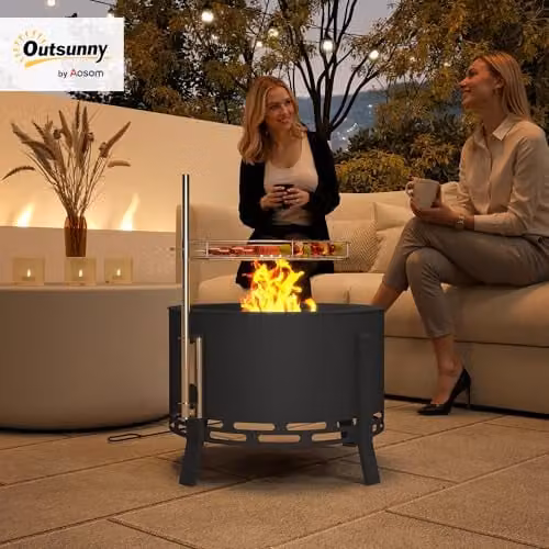 Outsunny Portable Black Steel Fire Pit BBQ and Fire Bowl with Stainless Steel Grill Grate, Diameter: 58 cm – 2