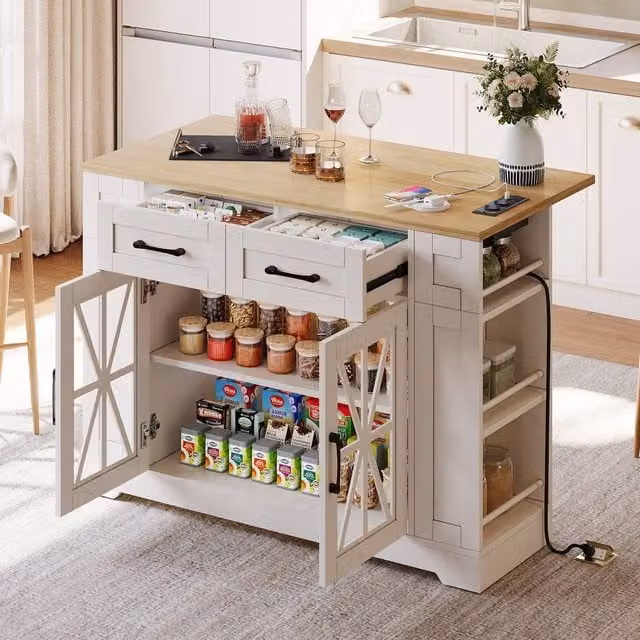 BTM White Kitchen Island on Wheels with Folding Tabletop and USB Storage Cabinet, W/D/H: 92 x 40 x 40 cm – 1