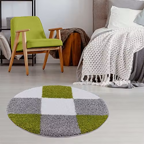 THE RUGS Modern Geometric Round Shaggy Area Rug, Green and Grey, Diameter: 120 cm – 3