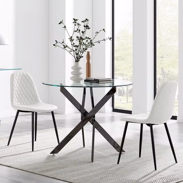 FurnitureboxUK Novara Round White Glass Kitchen Dining Table with 2 Corona Black Leg Chairs, Diameter: 100 cm