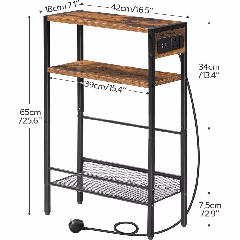 FORGEVIO 3 Tier Slim Charging Station Bedside Side Table in Brown Wood and Glass, W/D/H: 18 x 42 x 65 cm – 2