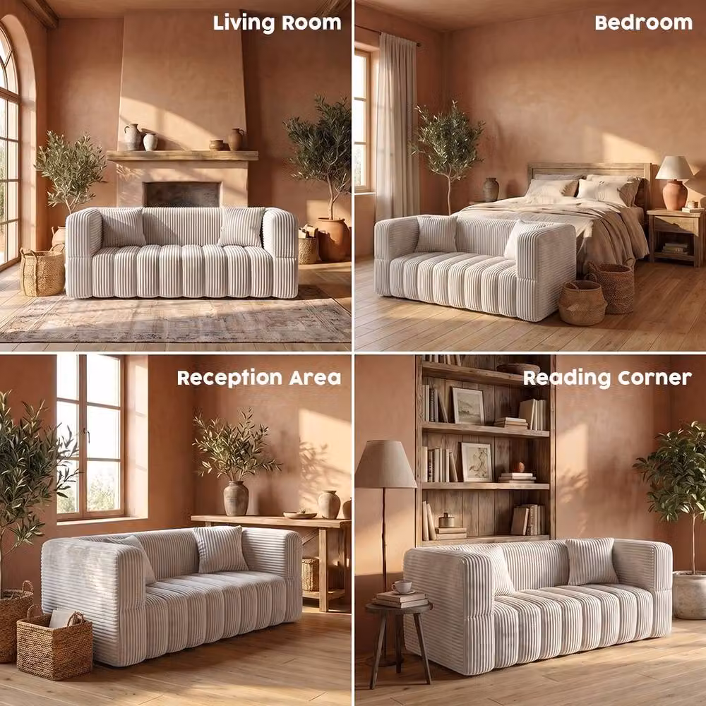 RUMMY Modern 2 Seater Upholstered Foam Sofa with Armrests and 2 Scatter Cushions in Beige – 4