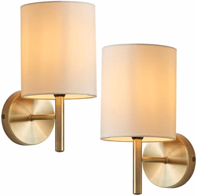 Loops 2 Pack Dimmable LED Wall Lights in Antique Brass and Beige Fabric Shade – 1