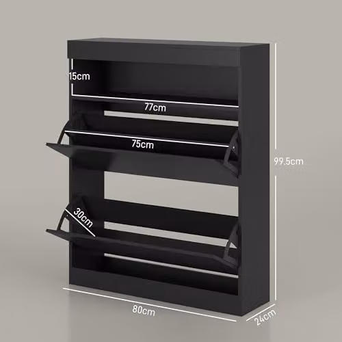 HOMCOM Narrow Glossy Black Shoe Cabinet, Wall Mounted or Freestanding with Tilting Compartments and Internal Shelves – 3