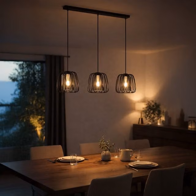 Eglo Floresta Triple Pendant Light with Black Wireframe and Transparent Vaporised Glass