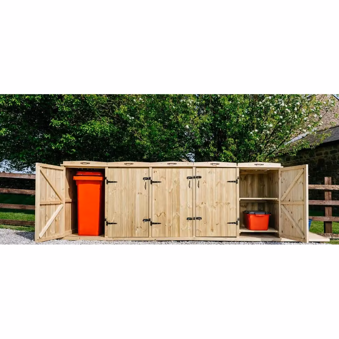 Buttercup Farm Chatburn Brown Wooden Bin Store with Shelving for 1x 180L/240L Wheelie Bins and 8x Boxes – 2
