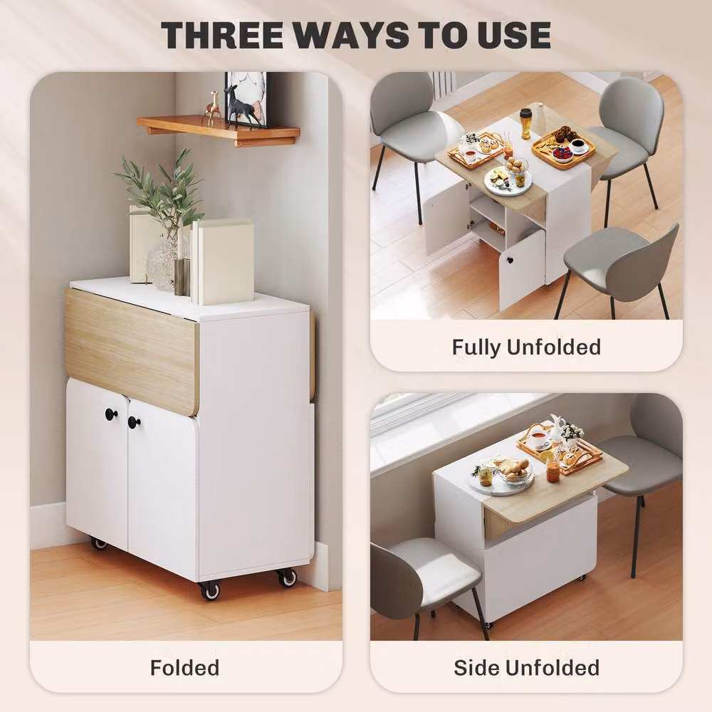 HOMCOM Modern White Folding Dining Table with Drop Leaf and Castors – 3