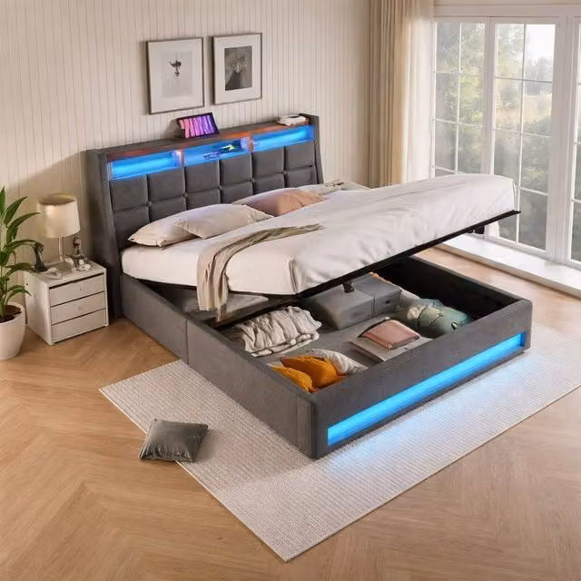 STILVORA Upholstered Super King Bed in Grey with USB Charging Port, Bedside Shelf and Lift-Up Base, W/D/H: 180 x 200 x 117 cm
