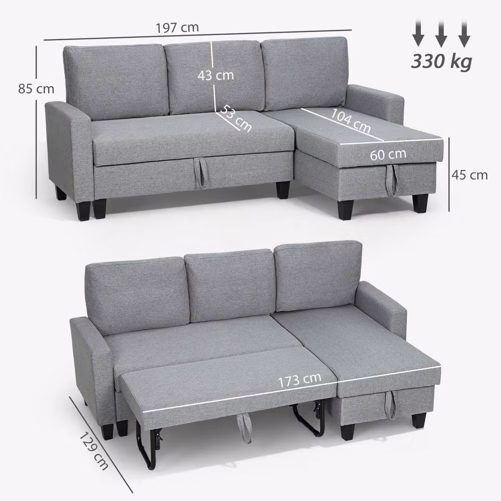 STILVORA 3-Seater Grey Linen Upholstered Sofa Bed with Storage and Removable Covers – 2