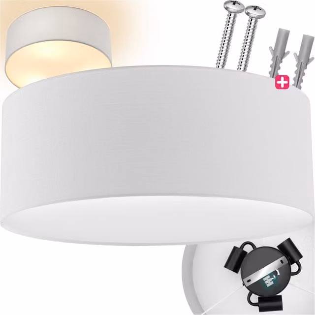 tectake Circum Round Ceiling Light with White Linen Look Fabric Lampshade and Metal Frame