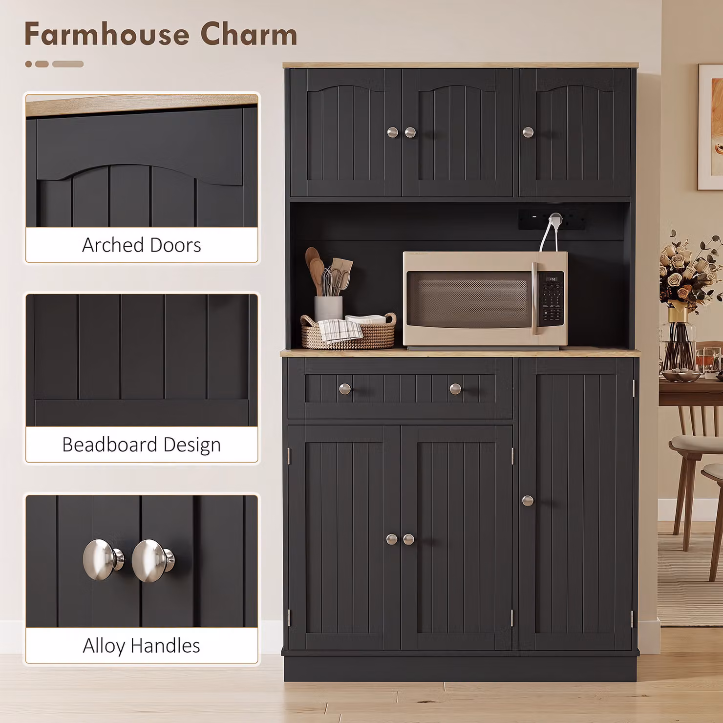 HOMCOM Black Tall Kitchen Cupboard with Charging Station and Adjustable Shelves, Height: 173 cm, Width: 100 cm, Depth: 47.5 cm – 7