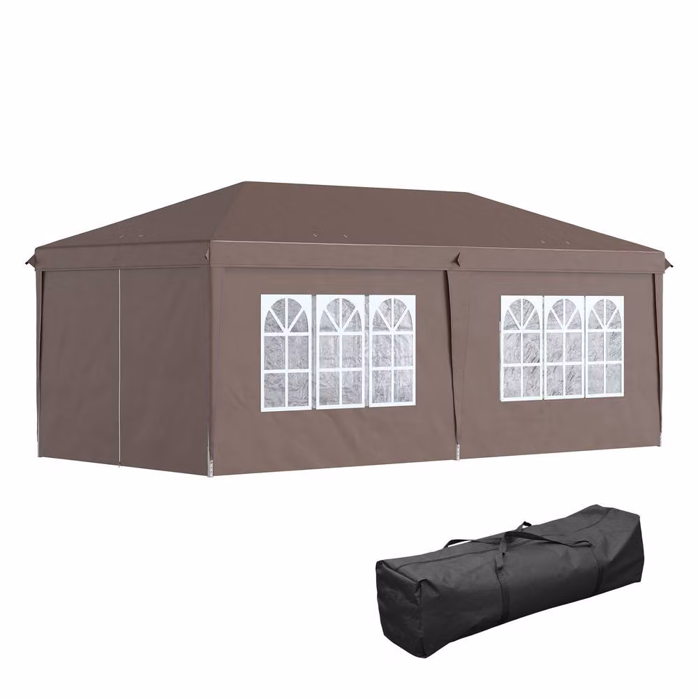 Outsunny Brown Pop-Up Gazebo with Curtain Walls and Windows, W: 600 cm, D: 300 cm, H: 205 cm – 2