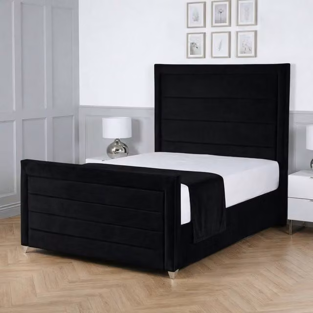 Living Comfort Bedz Selena King Size Plush Velvet Upholstered Bed with Slatted Base and 48 Inch Headboard in Black, W/D/H: 180 x 200 cm