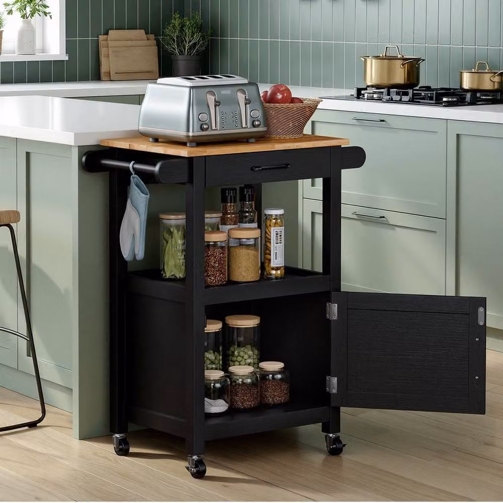 KORVIXA Black Mobile Kitchen Island Cart on Wheels with Drawer, W/D/H: 100 x 100 x 89 cm – 4