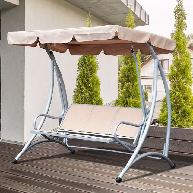 Outsunny 3 Seater Garden Swing Hammock with Sun Canopy in Beige and Brown