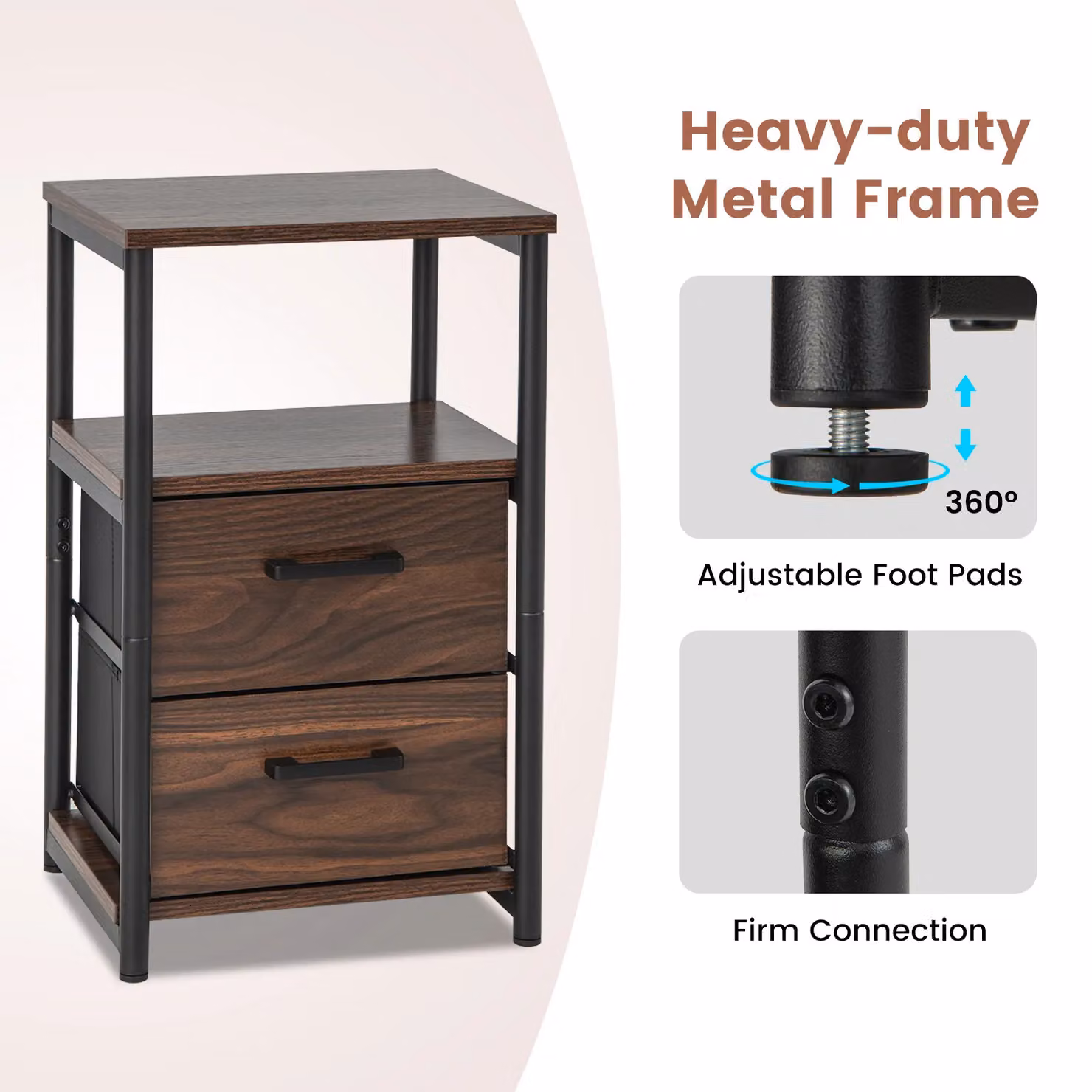 Costway Industrial Nightstand Bedside End Table with 2 Fabric Drawers and Storage Shelf in Brown and Multicolour – 6