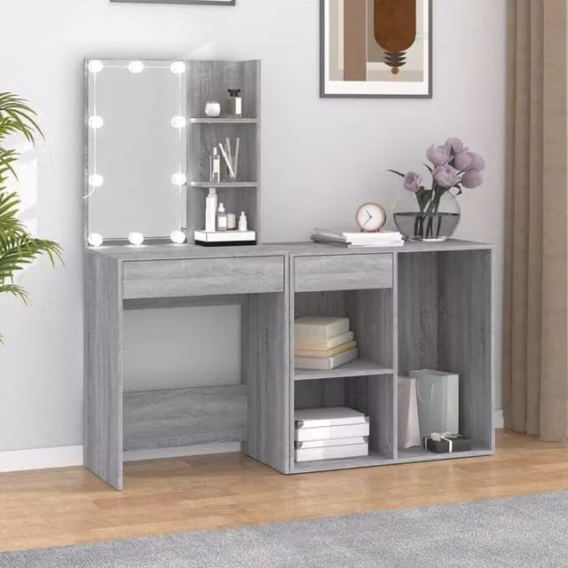 Berkfield Home Hollywood LED Dressing Table with Cabinet in Grey Sonoma Engineered Wood – 1