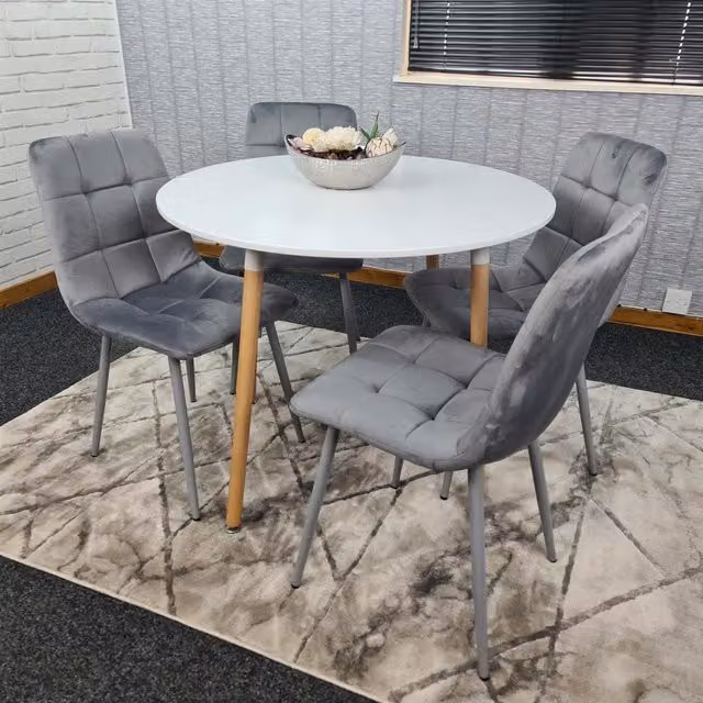 KOSY KOALA Modern Round White Dining Table and 4 Grey Velvet Chairs Set – 2