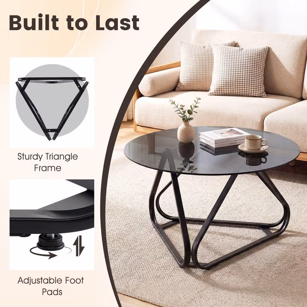 Costway Modern Round Tempered Glass Coffee Table in Black and Transparent – 3