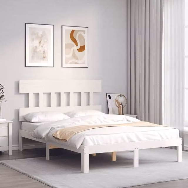 Berkfield Home Beautiful Bed Frame with Headboard in White Solid Pine Wood, W/D/H: 140 x 190 cm – 1
