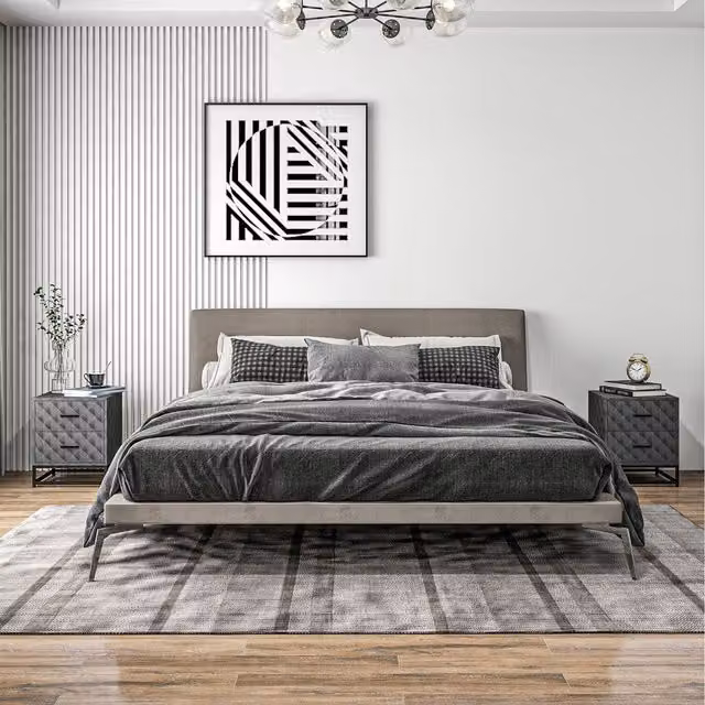 HOMCOM Set of 2 Grey Bedside Tables with Diamond Patterned Veneer and Geometric Design